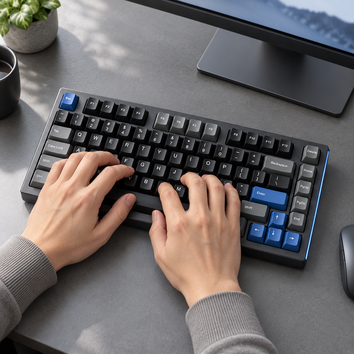 75% Wired Hall Effect Gaming Keyboard with Adjustable Actuation, Rapid Trigger, Dedicated Arrow Keys and Onboard Profiles — Gunmetal & Blue