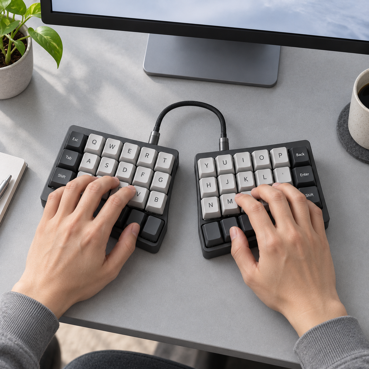 Split Ergonomic Mechanical Keyboard with Independent Left and Right Modules, Thumb Keys and Programmable Layers — Graphite & Grey