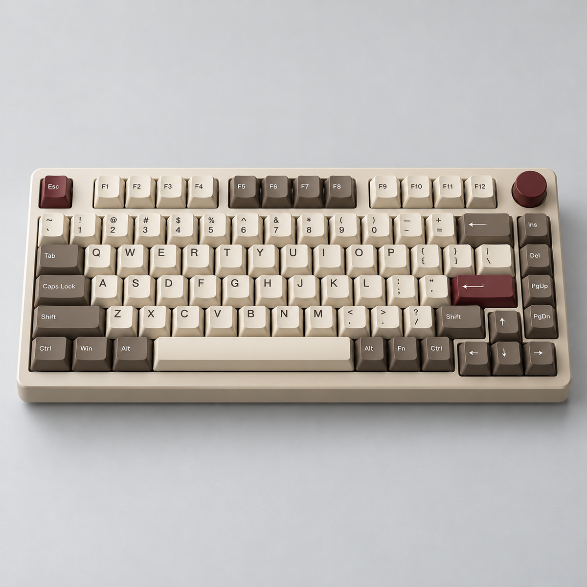 Retro 75% Mechanical Keyboard with Textured PBT Keycaps, Tactile Switches and Rotary Control Knob — Beige, Coffee & Burgundy