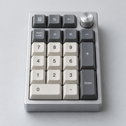 Standalone Mechanical Number Pad with Aluminium Case, Hot-Swappable Switches, Programmable Keys and Rotary Knob — Silver & Grey