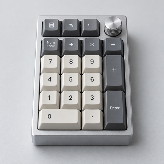 Standalone Mechanical Number Pad with Aluminium Case, Hot-Swappable Switches, Programmable Keys and Rotary Knob — Silver & Grey