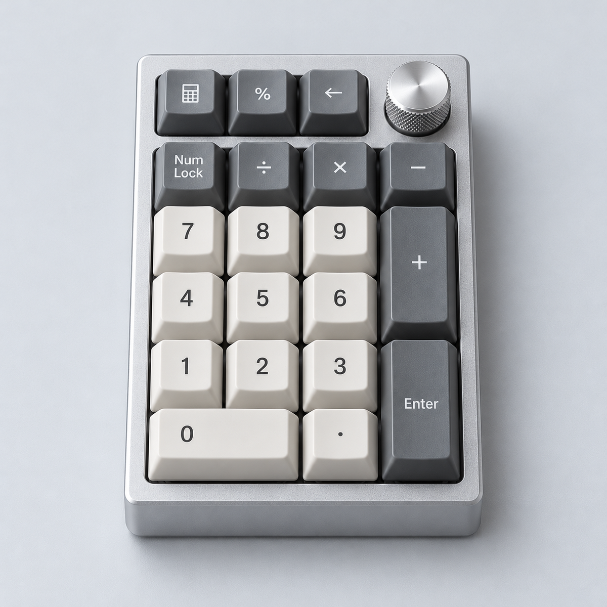 Standalone Mechanical Number Pad with Aluminium Case, Hot-Swappable Switches, Programmable Keys and Rotary Knob — Silver & Grey