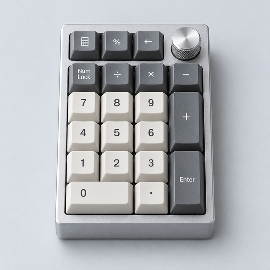 Standalone Mechanical Number Pad with Aluminium Case, Hot-Swappable Switches, Programmable Keys and Rotary Knob — Silver & Grey