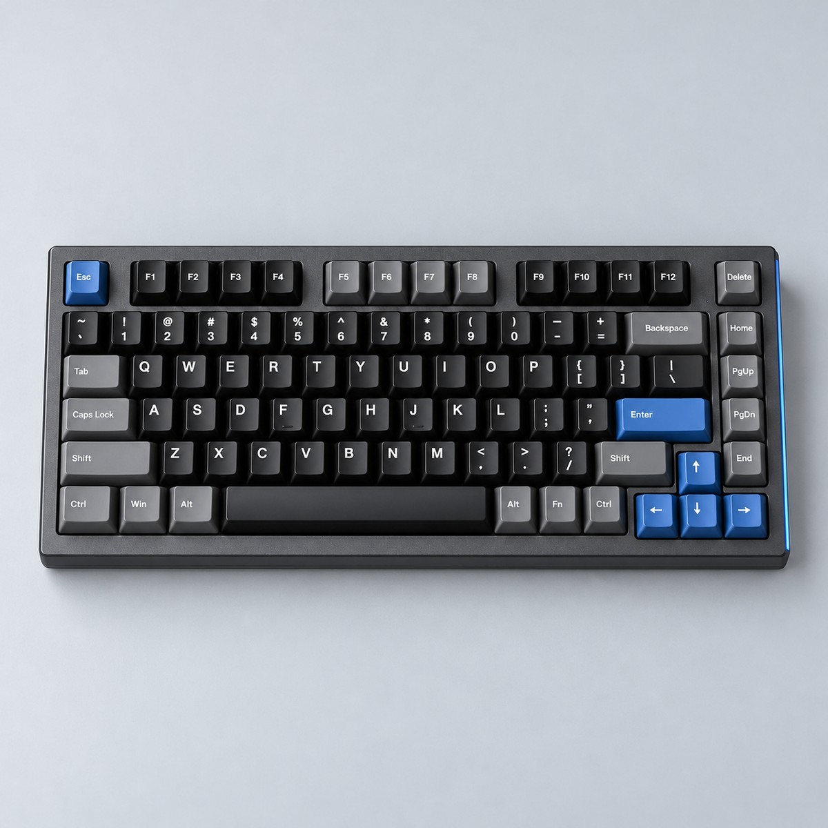 75% Wired Hall Effect Gaming Keyboard with Adjustable Actuation, Rapid Trigger, Dedicated Arrow Keys and Onboard Profiles — Gunmetal & Blue