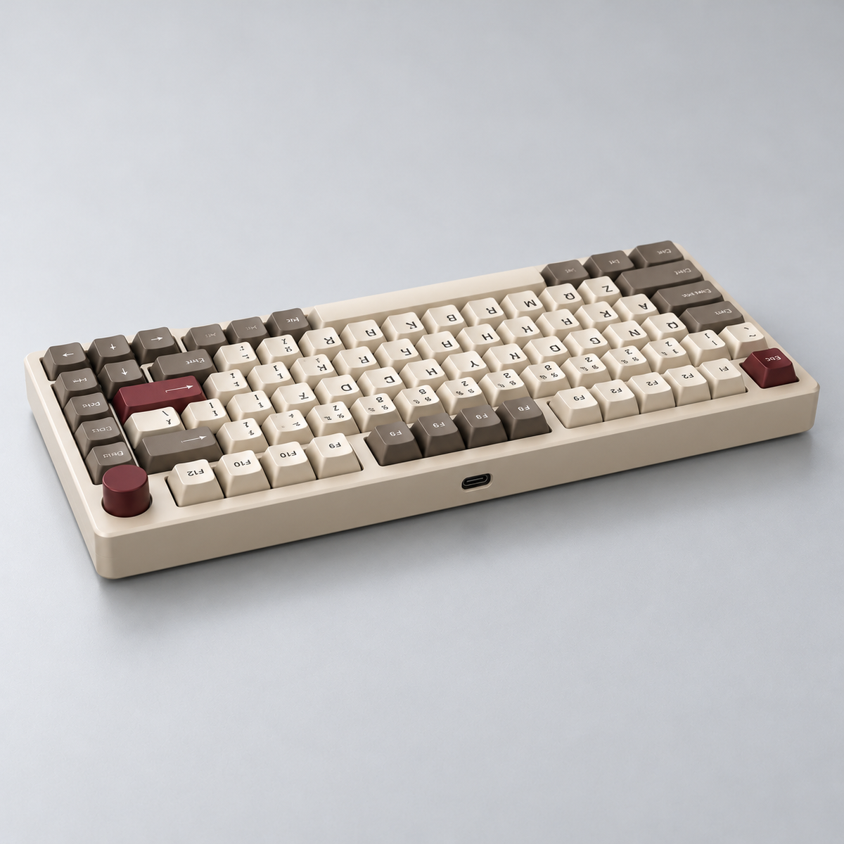 Retro 75% Mechanical Keyboard with Textured PBT Keycaps, Tactile Switches and Rotary Control Knob — Beige, Coffee & Burgundy