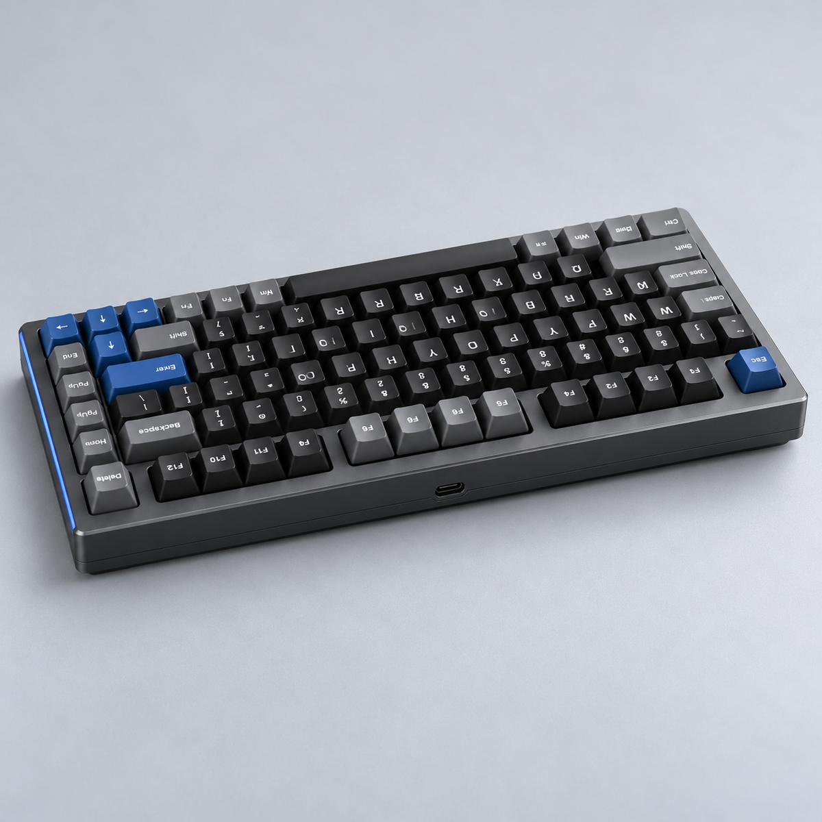 75% Wired Hall Effect Gaming Keyboard with Adjustable Actuation, Rapid Trigger, Dedicated Arrow Keys and Onboard Profiles — Gunmetal & Blue