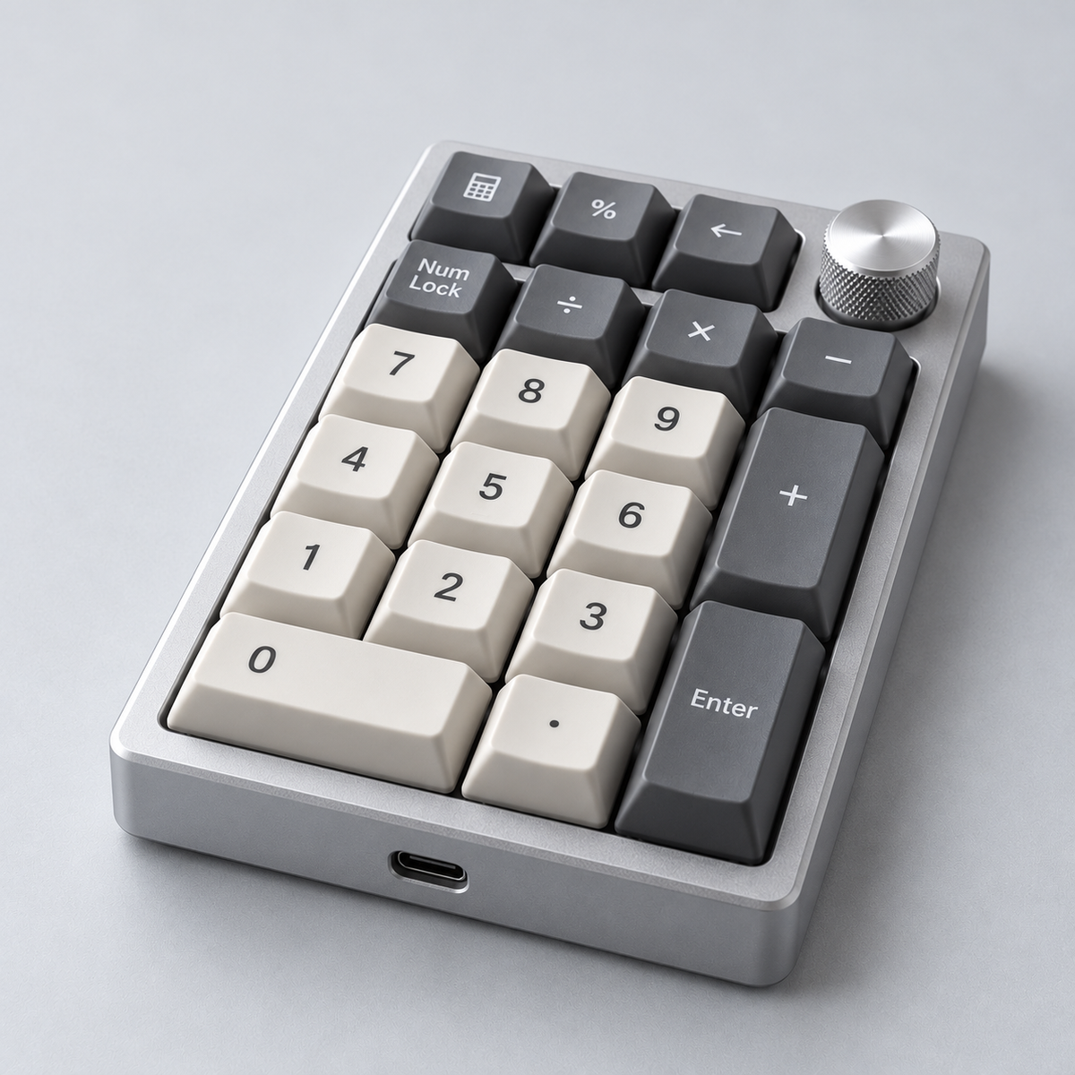 Standalone Mechanical Number Pad with Aluminium Case, Hot-Swappable Switches, Programmable Keys and Rotary Knob — Silver & Grey