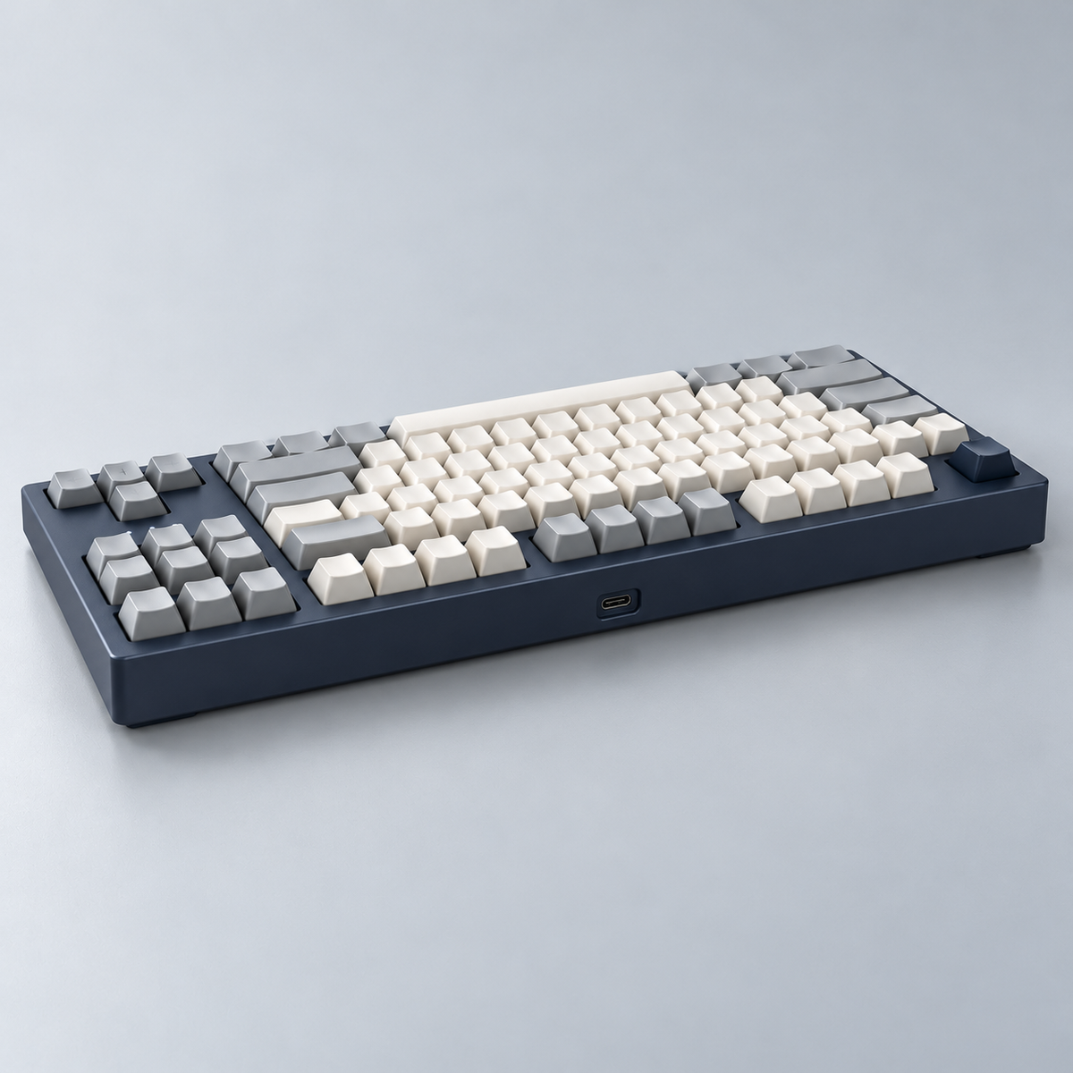 TKL Tri-Mode Wireless Mechanical Keyboard with Dedicated Navigation Keys and Linear or Tactile Switch Options — Navy & Grey