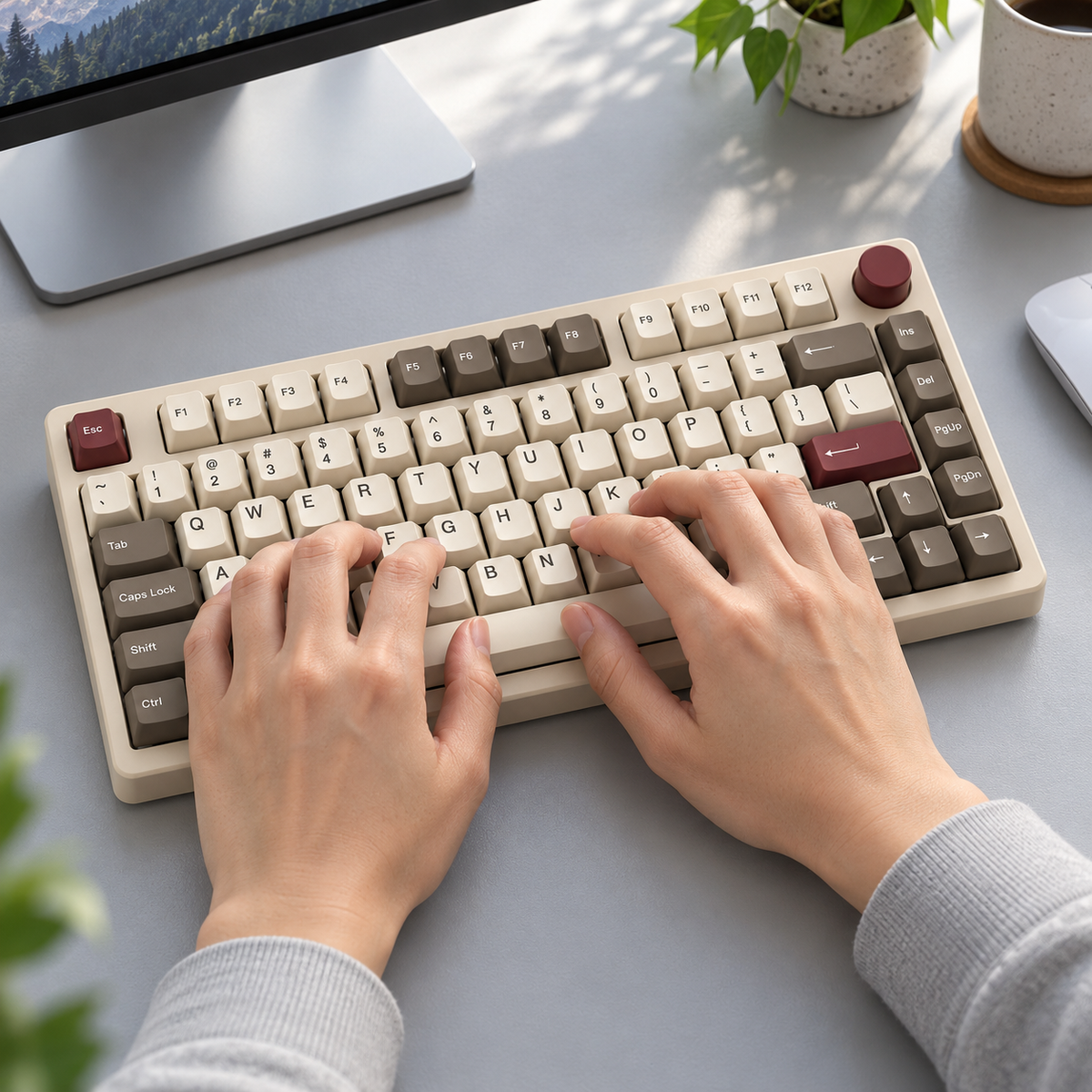 Retro 75% Mechanical Keyboard with Textured PBT Keycaps, Tactile Switches and Rotary Control Knob — Beige, Coffee & Burgundy