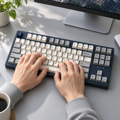 TKL Tri-Mode Wireless Mechanical Keyboard with Dedicated Navigation Keys and Linear or Tactile Switch Options — Navy & Grey