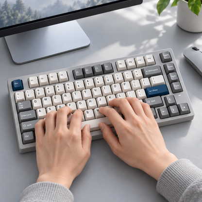 75% Wireless Mechanical Keyboard with Silent Linear Switches, Tri-Mode Connectivity and Dedicated Arrow Keys — Mist Grey & Navy