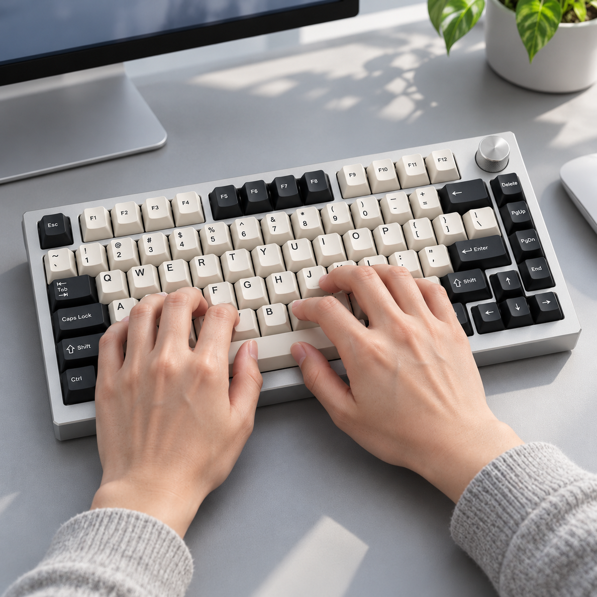 75% Custom Mechanical Keyboard with CNC Aluminium Case, Gasket Mount, Hot-Swappable PCB and Programmable Keys — Silver & Charcoal